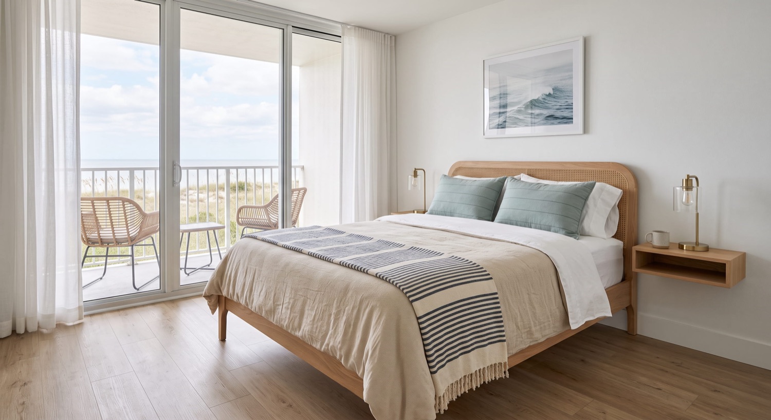 Condo bedroom with sliding doors to an oceanfront balcony