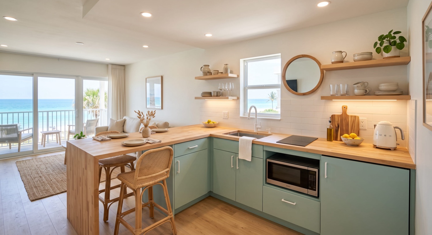 Renovated condo kitchen with butcher-block counters and ocean view