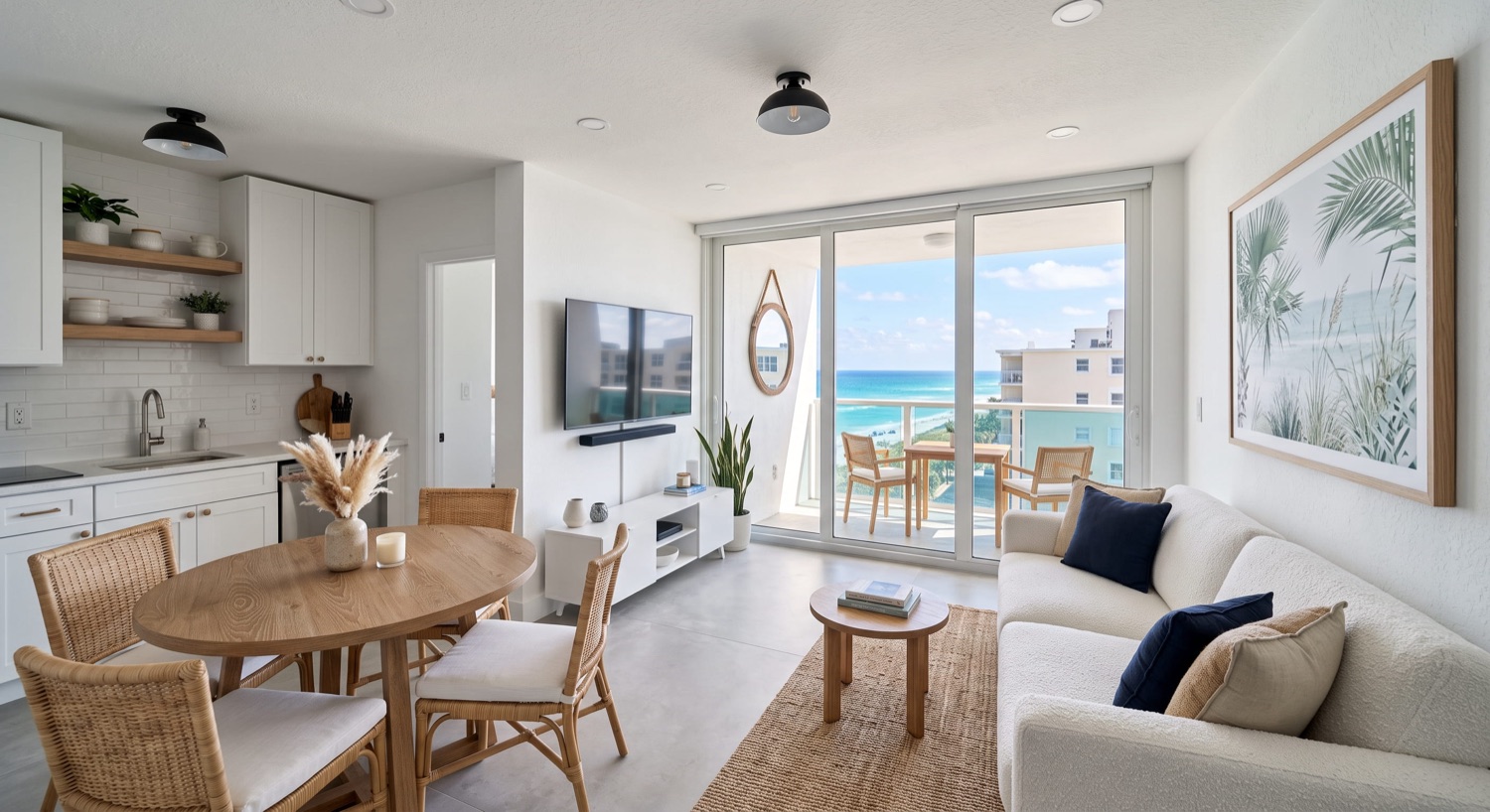 Renovated condo living area and kitchenette with balcony and ocean view