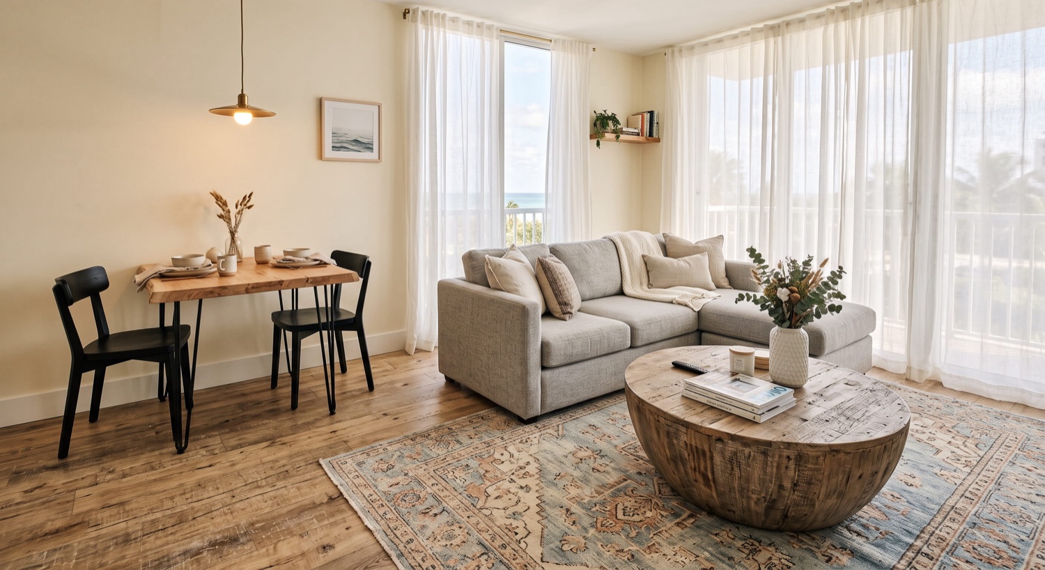 Condo living room with sectional and wood-look flooring