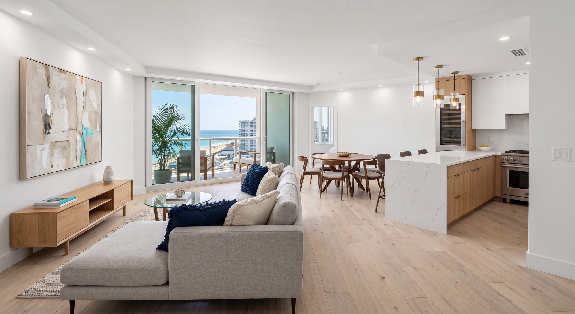 Renovated oceanfront condo living room with balcony view