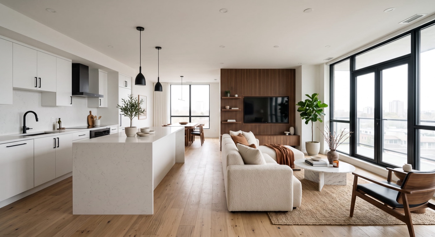 Open-plan condo kitchen and living room renovation
