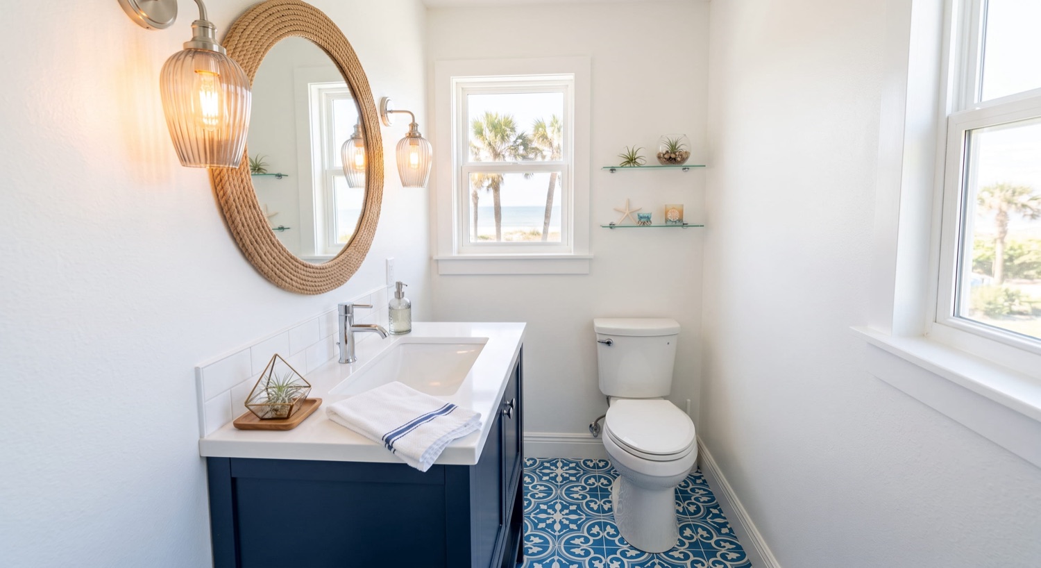 Coastal condo powder room with navy vanity and patterned tile floor