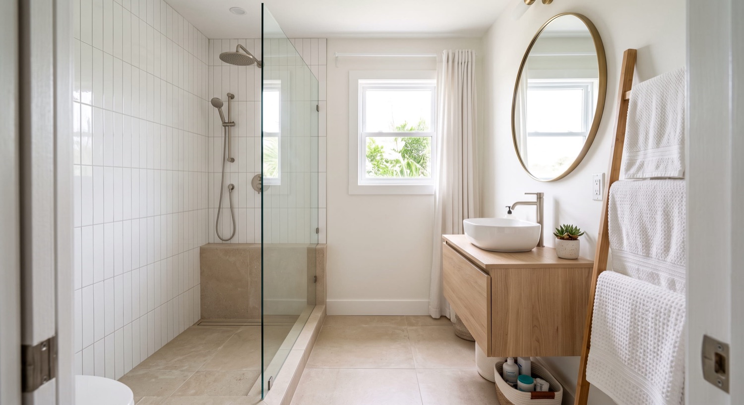 Condo bathroom with tiled walk-in shower and floating vanity